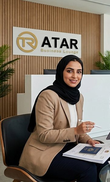Consultant at the ATAR Business Lounge reception desk in Al Rashidiya, Dubai